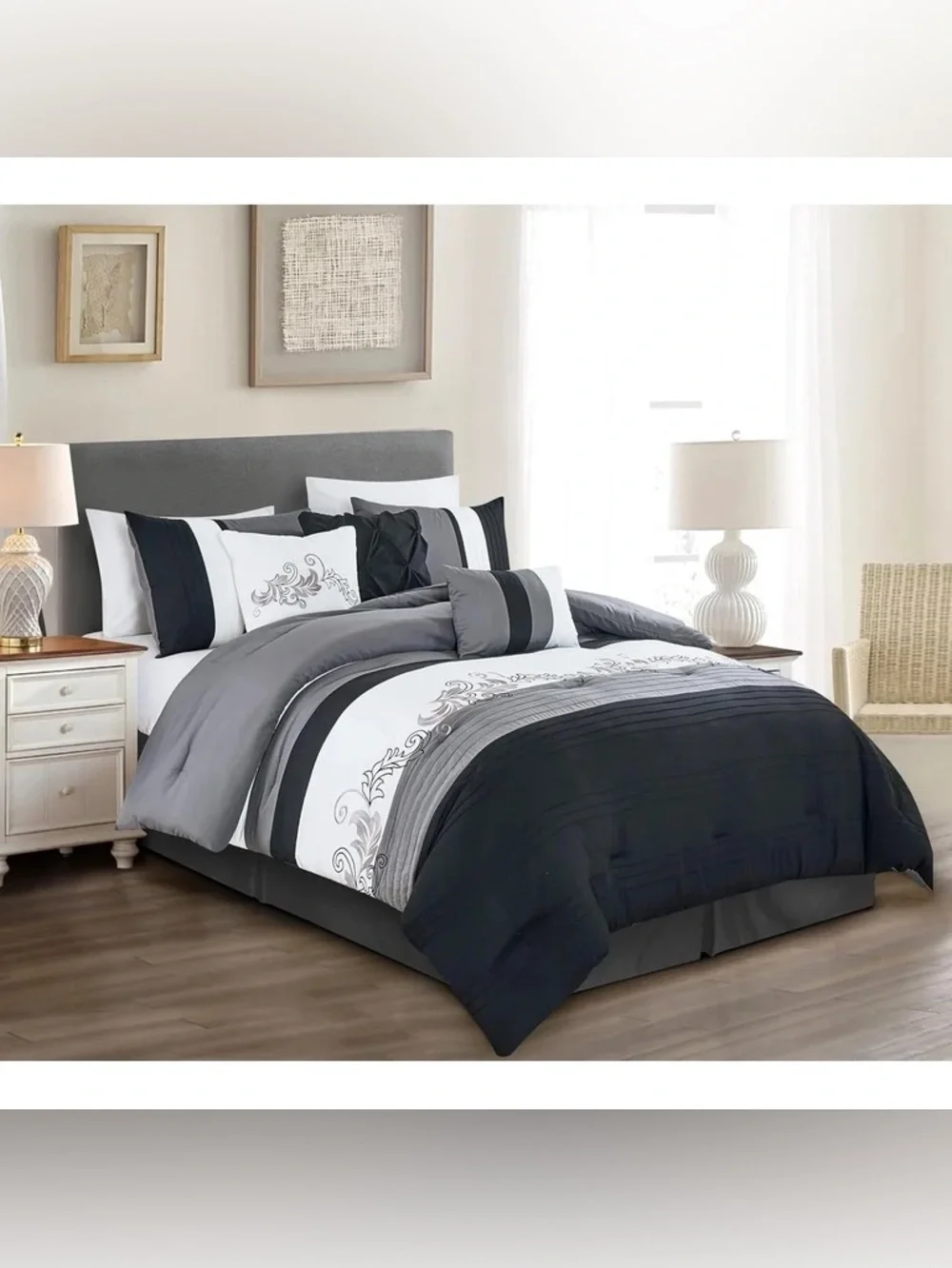 Gray and Black Embroidered Comforter Set - Brand: